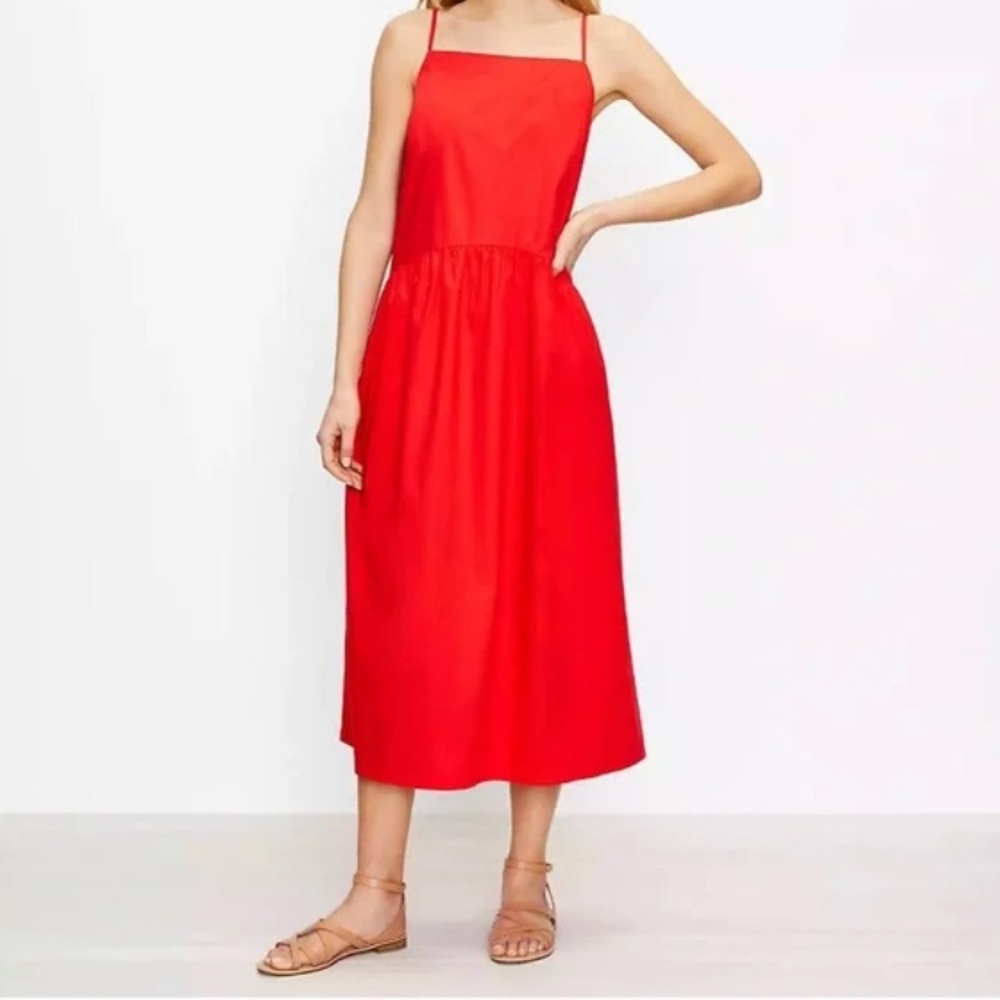 LOFT Red Cotton Strappy Midi Dress Sun Dress Summer Dress